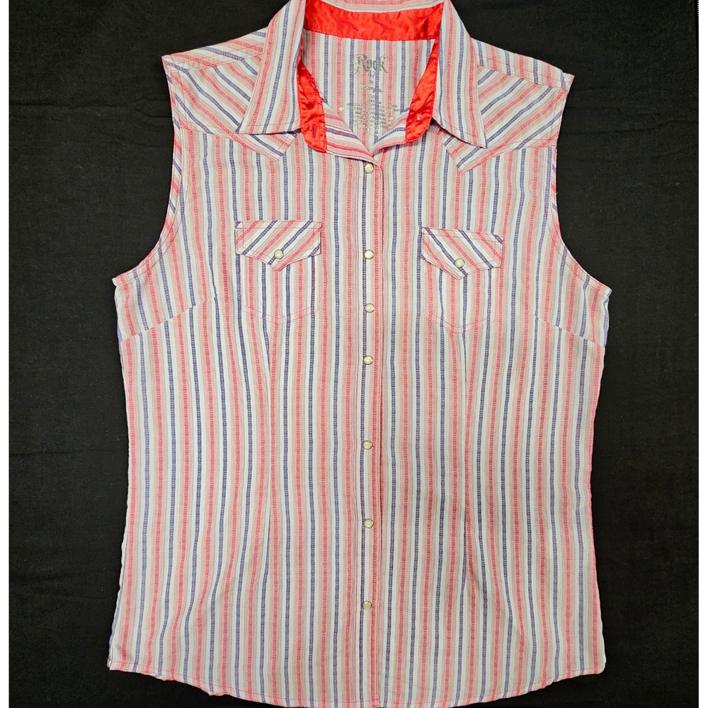 Rock 47 Wrangler Mens L Sleeveless Western Pearl Snap Shirt Red White Blue